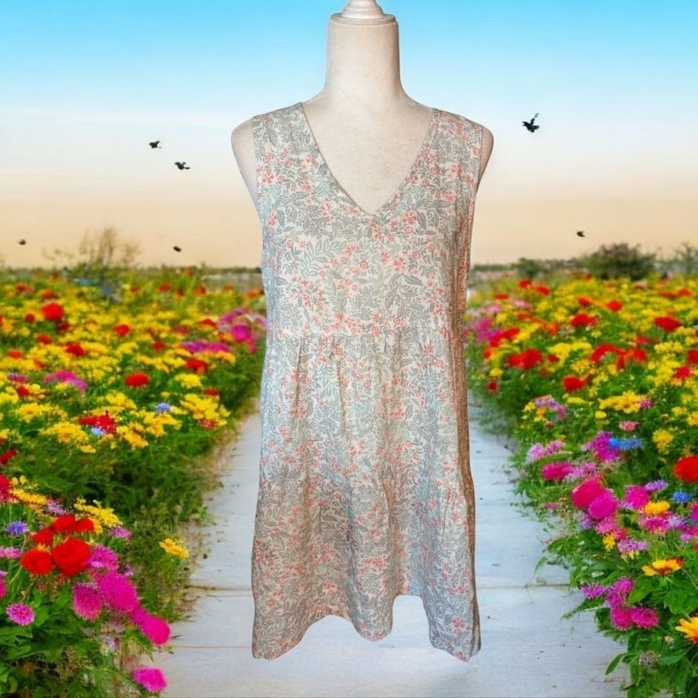 Joie 100% Linen Pastel Floral Sleeveless Tiered Flowy Casual V Neck Dress Sz M - Picture 7 of 8